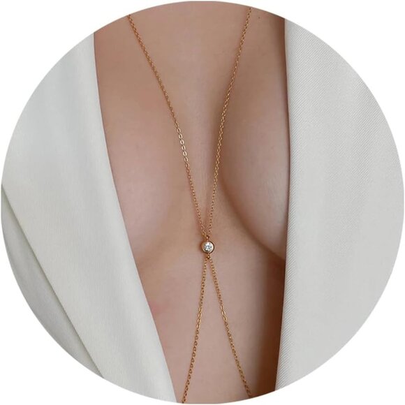 14K Gold Plated Body Chain for Women Layered Rhinestone Bikini Bra Belly Waist - Picture 1 of 7